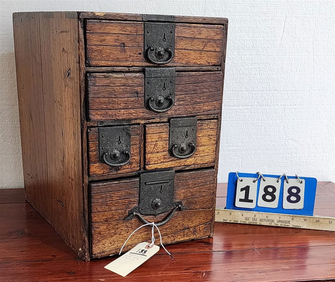 Japanese Meiji Period Chobako Merchant Storage Box 5 Drawer 15 3/4" H X 10 1/2" W X 15 1/4" D (1 of 3)