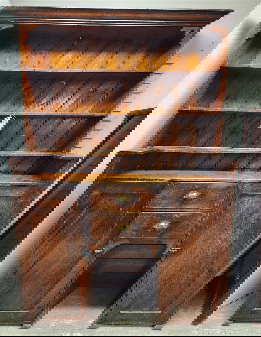 English 19th C Welsh Dresser w/Open Shelves & Low Sideboard 7'6 1/2" H X 63" W X 17" D (1 of 4)