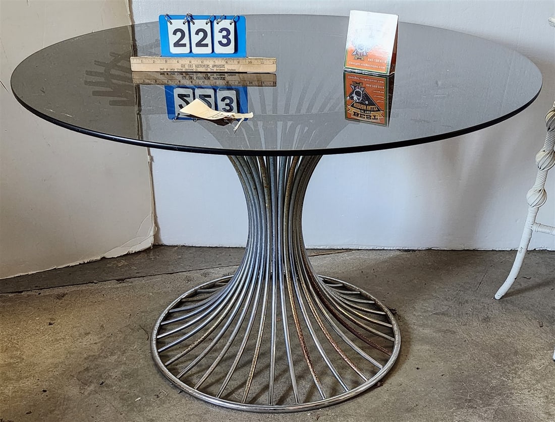 70's Chrome Base Dining Table By Gastone Rinaldi w/Black Glass Top 28 1/2" H X 44 1/2" Diam. (1 of 4)