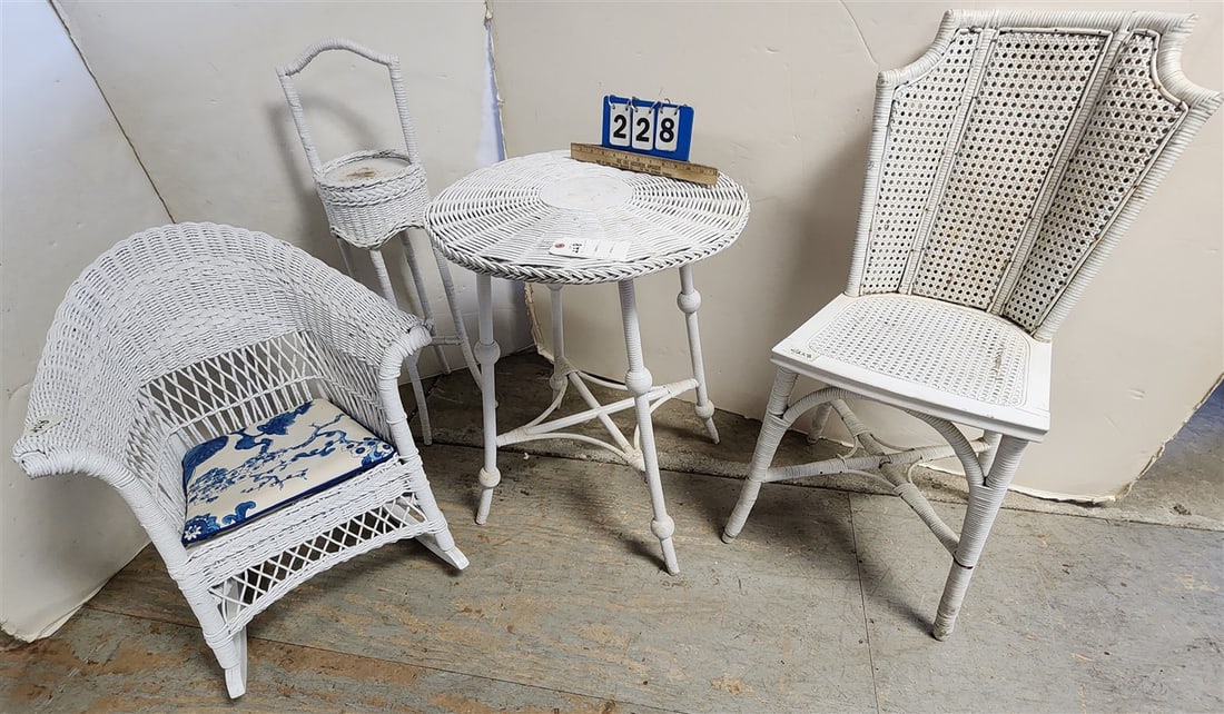 4 Pcs. Wicker - Chair 35" H X 15 1/2" W X 14" D, Table 26 1/2" H X 21" Diam., Small Stand 34" H X 9" (1 of 2)
