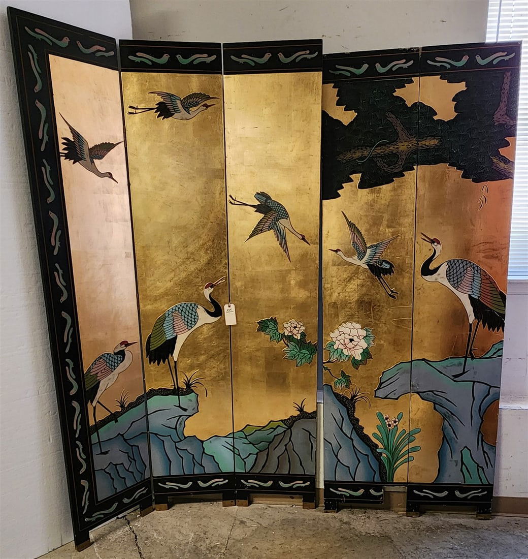 5 Panels Chinese Lacquer Screen 7' H X 16 " Ea. Panel (1 of 3)
