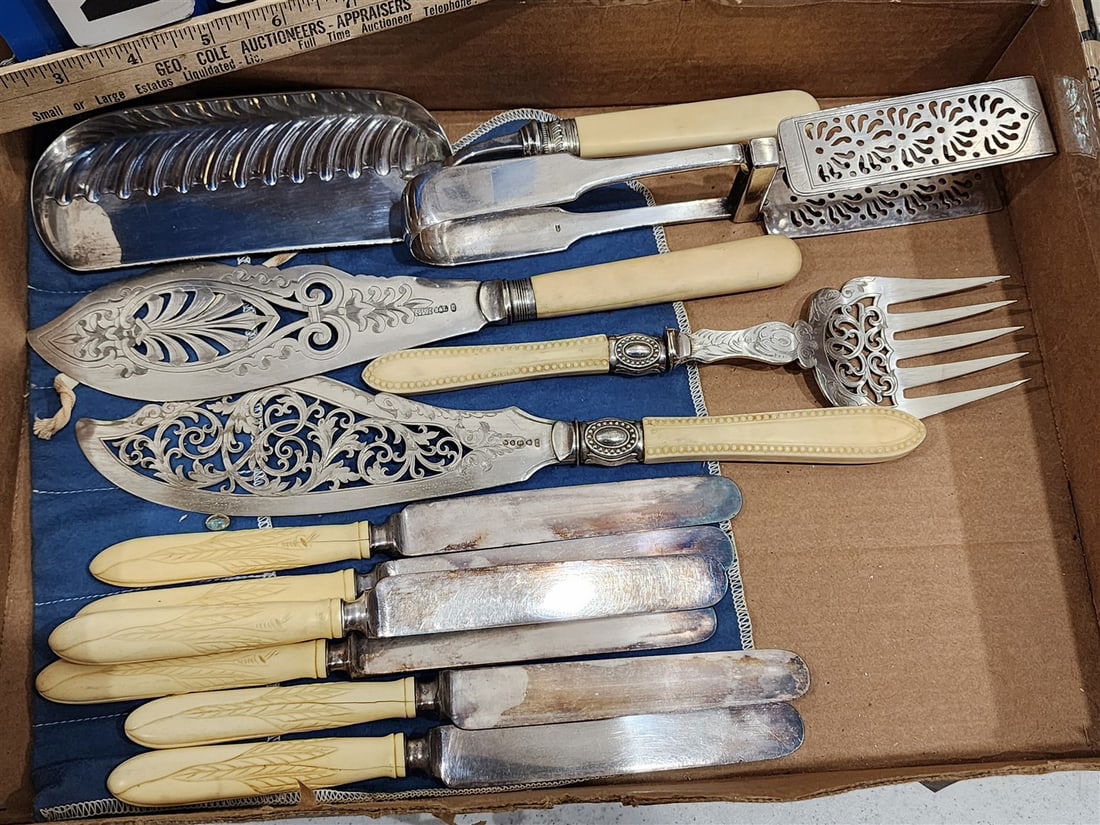 Tray 19th C Bone Handled Silverplate Serving Pcs. - 3