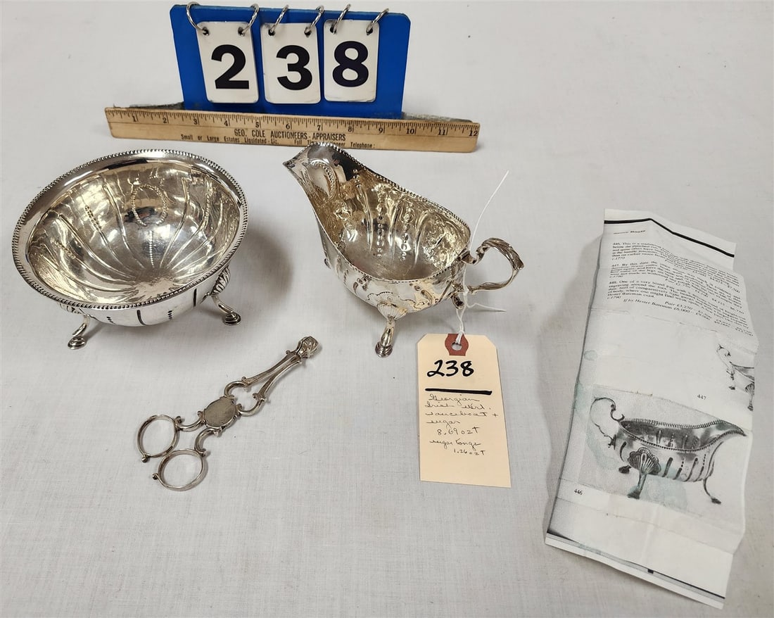 Georgian Irish Sterling Sauceboat 3 1/2" H X 6 1/2" L X 3" W + Georgian Irish Sterling Sugar 2 3/4" (1 of 10)