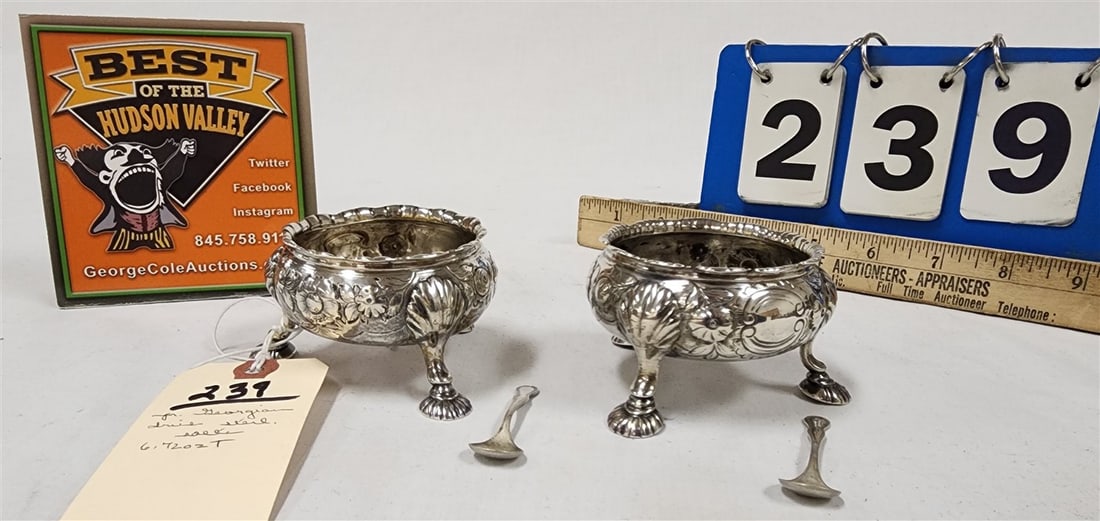 Pr. Georgian Irish Sterling Footed Salts 2" H X 3" Diam. 6.72 ozT (For Pair): Pr. Georgian Irish Sterling Footed Salts 2" H X 3" Diam. 6.72 ozT (For Pair)