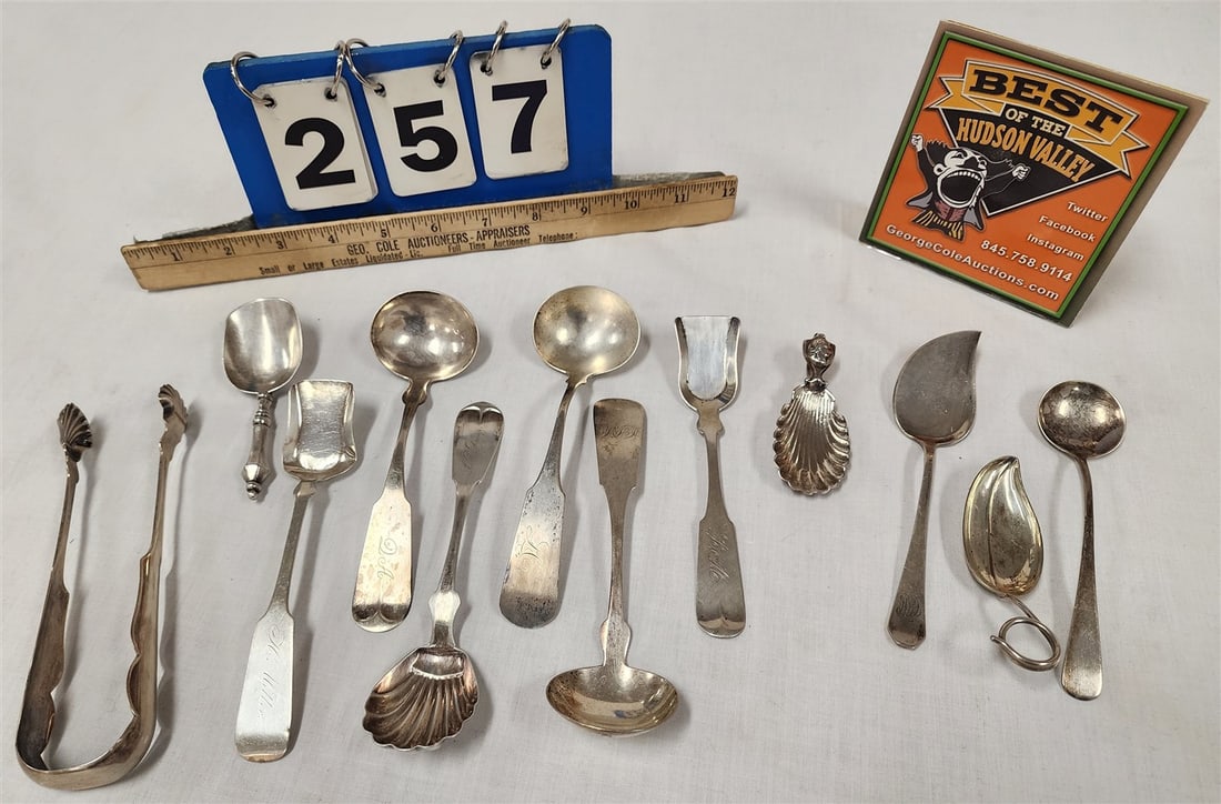 Lot 19th Coin Silver Sugar Scoops, Gravy Ladels, Sugar Tongs 6.75 ozT. + 3 Pcs. Sterling Sugar (1 of 2)
