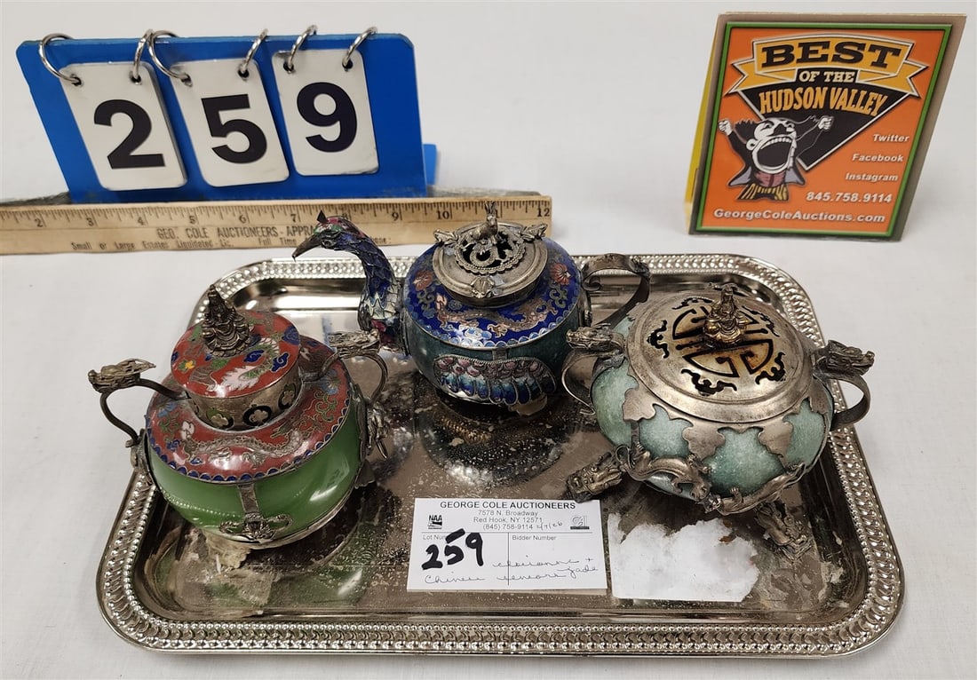 Tray 3 Chinese Censors - Jade & Cloisonne Peacock Form 3 1/2" H X 5 3/4" W X 3" D, Jade & Cloisonne: Tray 3 Chinese Censors - Jade & Cloisonne Peacock Form 3 1/2" H X 5 3/4" W X 3" D, Jade & Cloisonne 4" H X 4" W X 3" D + Jade & Metal 3 1/2" H X 4 1/4" X 3 1/2" D