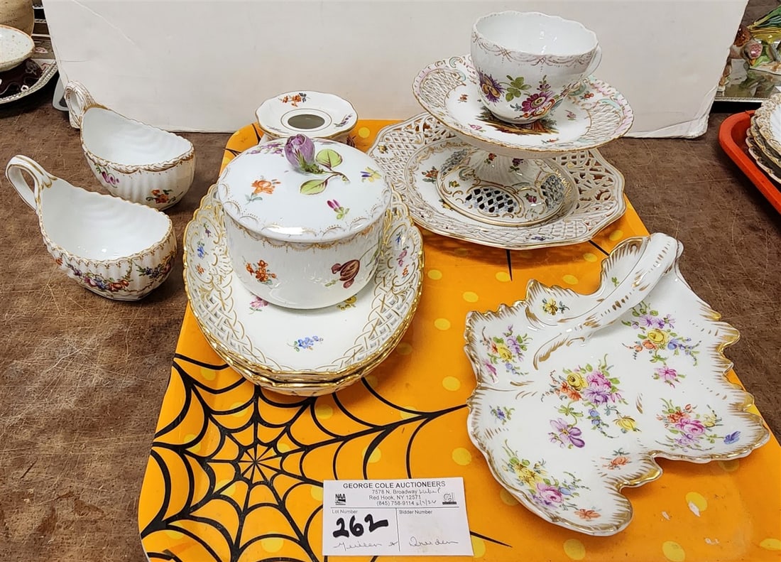 Tray Meissen & Dresden - Meissen: Pr. Reticulated Oval Bowls 1 1/2" H X 9" W X 6" D, Ink Pot 2" H X: Tray Meissen & Dresden - Meissen: Pr. Reticulated Oval Bowls 1 1/2" H X 9" W X 6" D, Ink Pot 2" H X 3 1/2" Diam., 2- Small Sauces 3 1/2" H X 4 3/4" W X 2 1/2" D, Covered Jar 3 1/2" H X 4" Diam.,