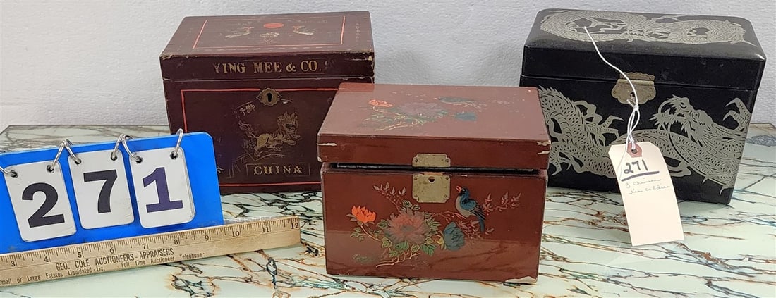 3 Chinese Tea Caddy's - 5 1/2" X 7 3/4" W X 5 1/2" D, 5 1/2" X 8" W X 5" D + 5" H X 6 3/4" W X 5" D (1 of 3)