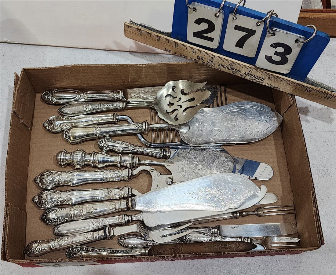 Tray 15 Pcs. Serving Pcs. - Some w/Sterling Handles: Tray 15 Pcs. Serving Pcs. - Some w/Sterling Handles