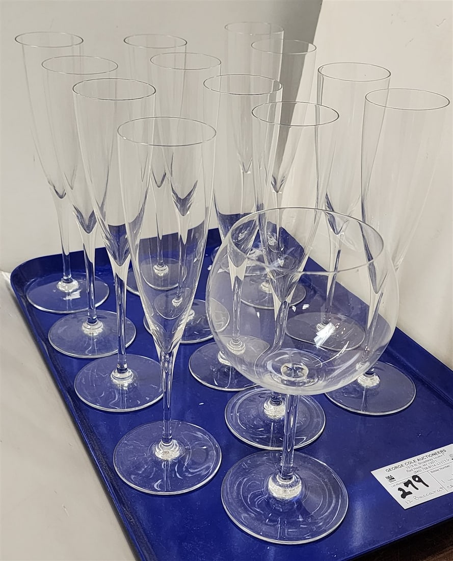 Tray 12 Baccarat Champagne Flutes 9 1/4" H + 1- Wine 7 1/2" H (1 of 3)
