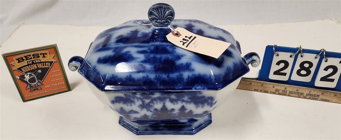 Flow Blue Tureen 9' H X 13 1/2" W X 8 1/2" D (1 of 7)