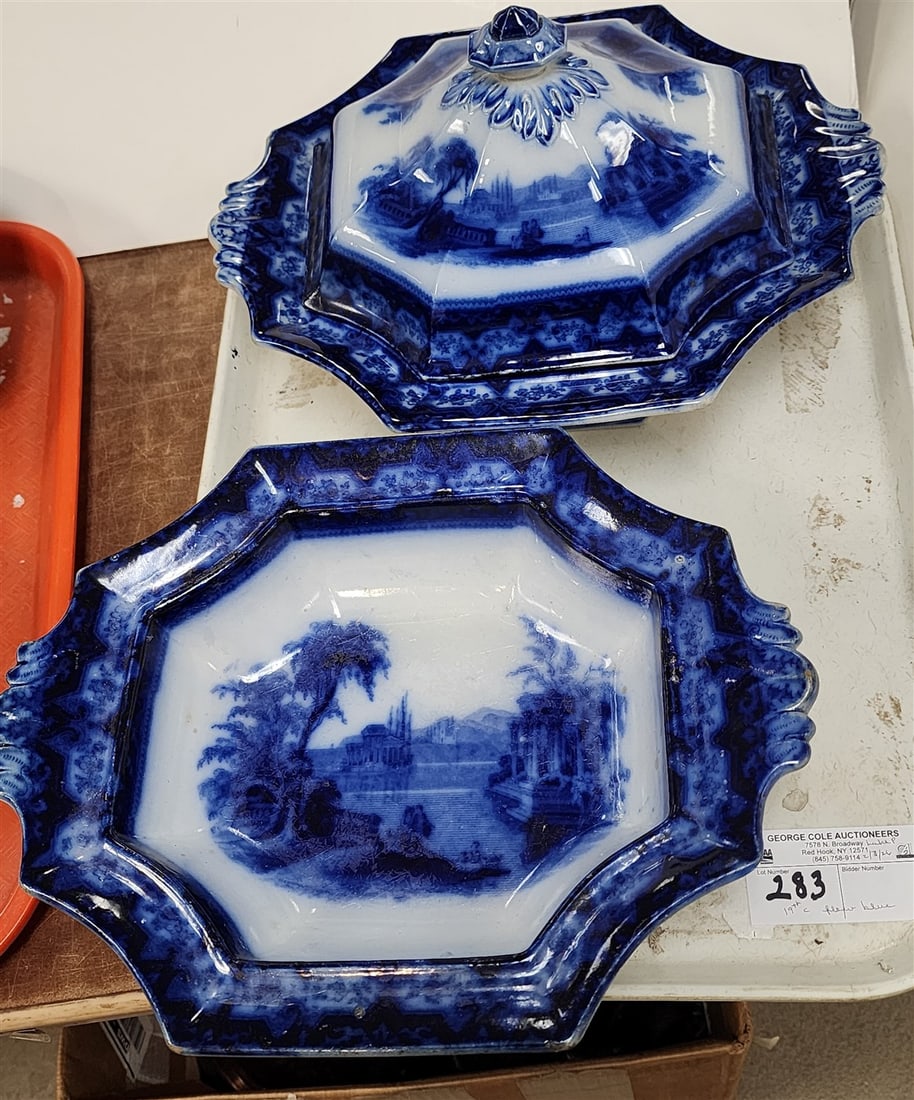 Tray 2 Flow Blue Vegetables, 1 w/Cover 7 1/2" H X 12 3/4" W X 10 1/4" Diam. + 3 3/4" H X 12 3/4" X (1 of 7)