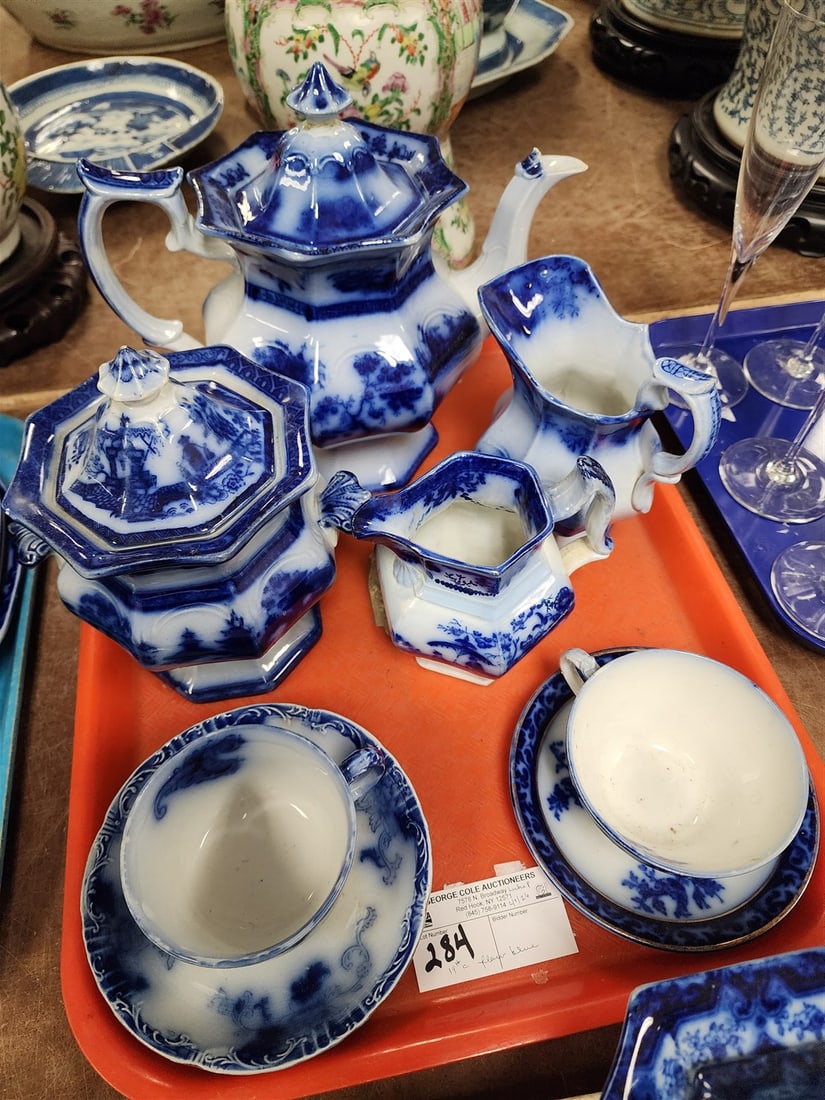 Tray Flow Blue Tea Pot 9" H, Covered Sugar 7 1/2" H, Creamer 5 3/4" H, Creamer & 2 Cups & Saucers (1 of 1)