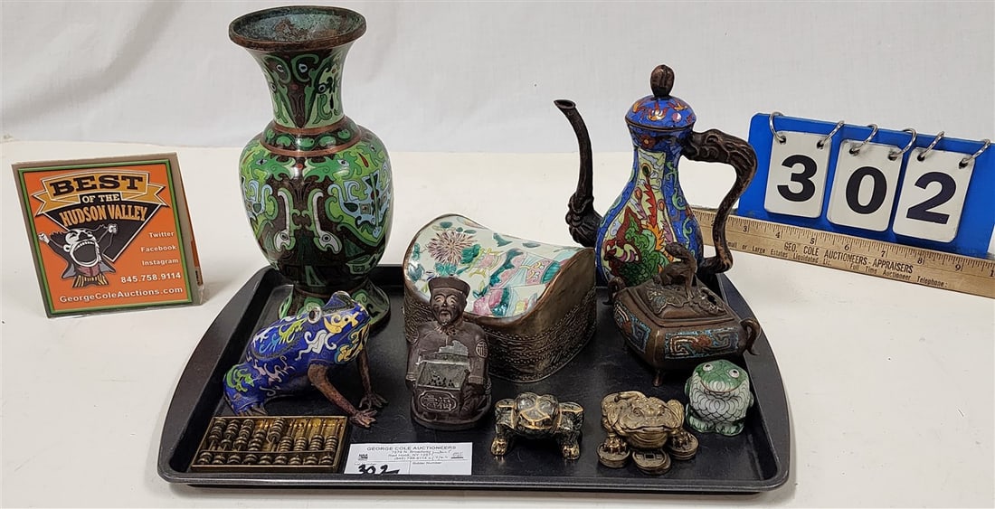 Tray Chinese Cloisonne & Bronze - Vase 8" H, Tea Pot 7", Frog 3" H X 4" L, Frog, 1 3/4" H + Stone (1 of 5)