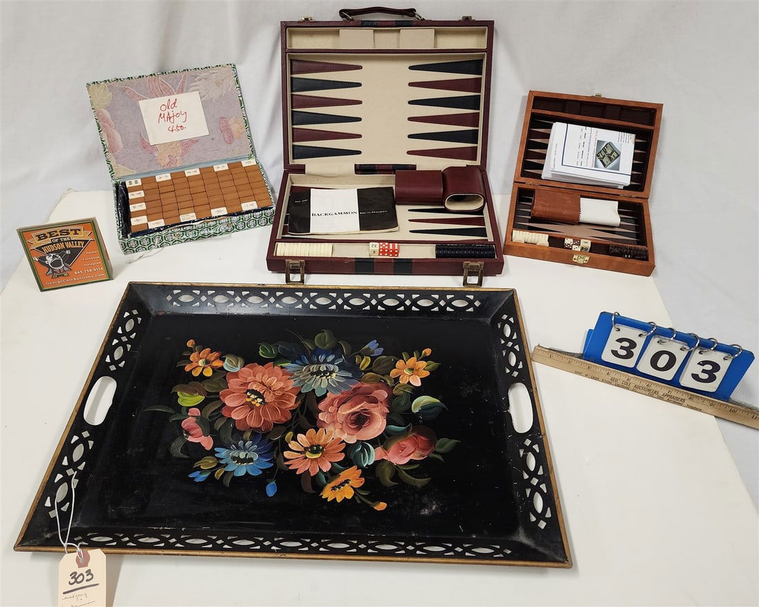 Tole Tray 16" X 23" w/Old Mahjongg Bx'd Set w/Bone & Bamboo Tiles 1 1/2" H X 10 1/2" W X 6 10 1/2" (1 of 2)