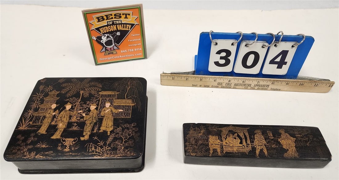 Tray 2 Japanese Paper Mache Bx's 2" H X 7" W X 6" D, 1 1/4" H X 8" W X 2 1/4" D (1 of 3)