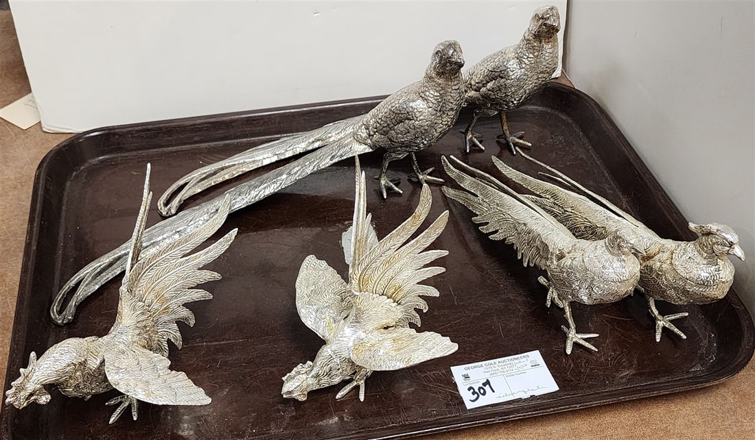 Tray Silverplate Fowl - Pr. 6 3/4" H X 15" L, Pr. 5 1/4" H X 10 1/2" L + 2 Roosters 7" H X 6" W, 5" (1 of 1)