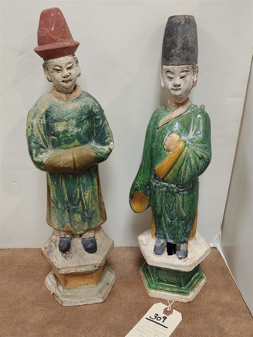 Pr. Chinese Ming Dynasty Sancai Glazed Pottery Attendant Figures 16 1/2" H (1 of 4)
