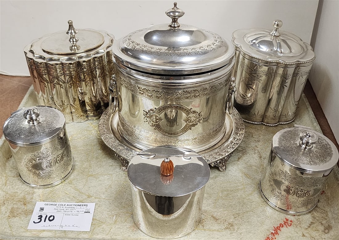 Tray 6 Silverplate Tea Caddy's - 8" H X 8 1/2" W X 7 1/2 D, 6" H X 5" W X 4 1/4" D, 5 1/2" H X 5 (1 of 6)