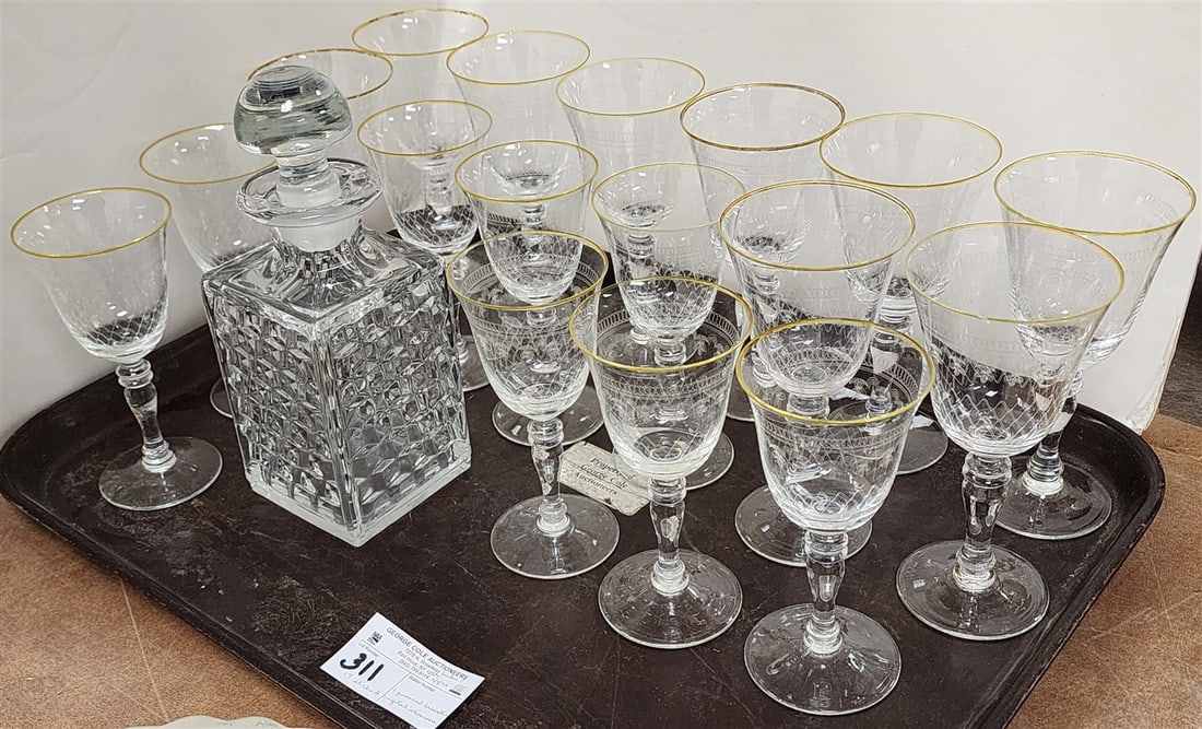 Tray 17 Etched Crystal Stemware + Pressed Glass Decanter (1 of 2)