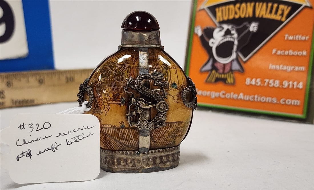Chinese Reverse Ptd. Glass Snuff Bottle w/Metal Figural Overlay 2 3/4" H (1 of 9)