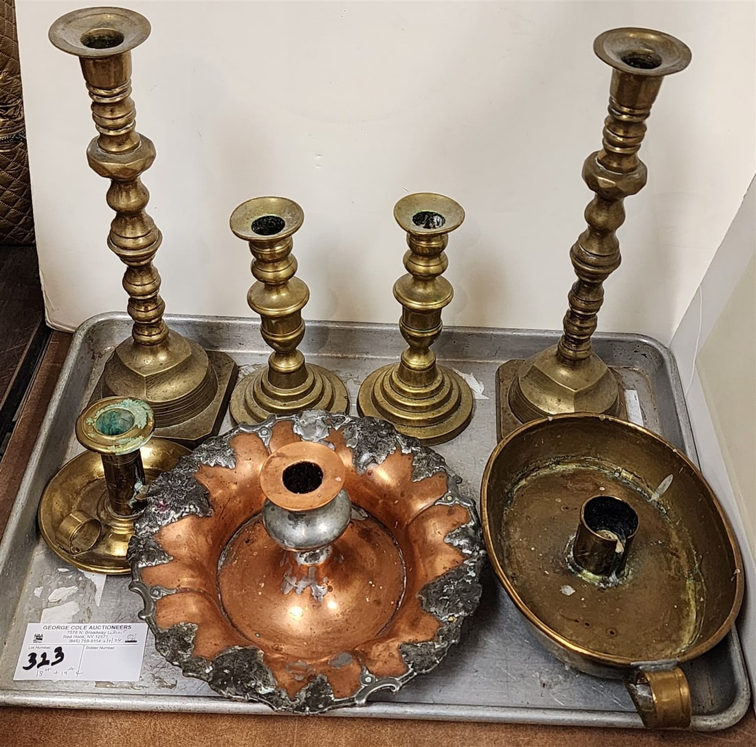 Tray 2 Pr. 18th C Brass Candlesticks 11 1/2" + 7", 19th C 4" Push Up Chamberstick, Brass (1 of 2)
