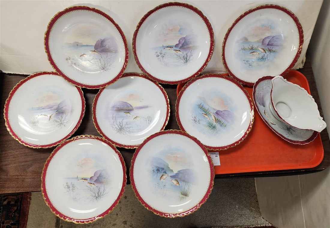 Tray 8 Limoges Fish Plates 9" Diam. + Sauce Boat 4" H X 9" W X 6" D (1 of 3)
