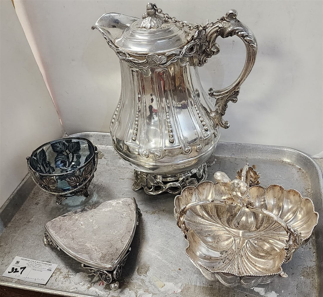 Tray Victorian Silverplate - Water Pitcher 12 1/2" H, Nut Dish 6" H X 8" Diam., Strawberry Basket: Tray Victorian Silverplate - Water Pitcher 12 1/2" H, Nut Dish 6" H X 8" Diam., Strawberry Basket w/Liner 6 1/2" H X 4 1/2" Diam. + Trivet 1 3/4" H X 5 1/2" Diam.