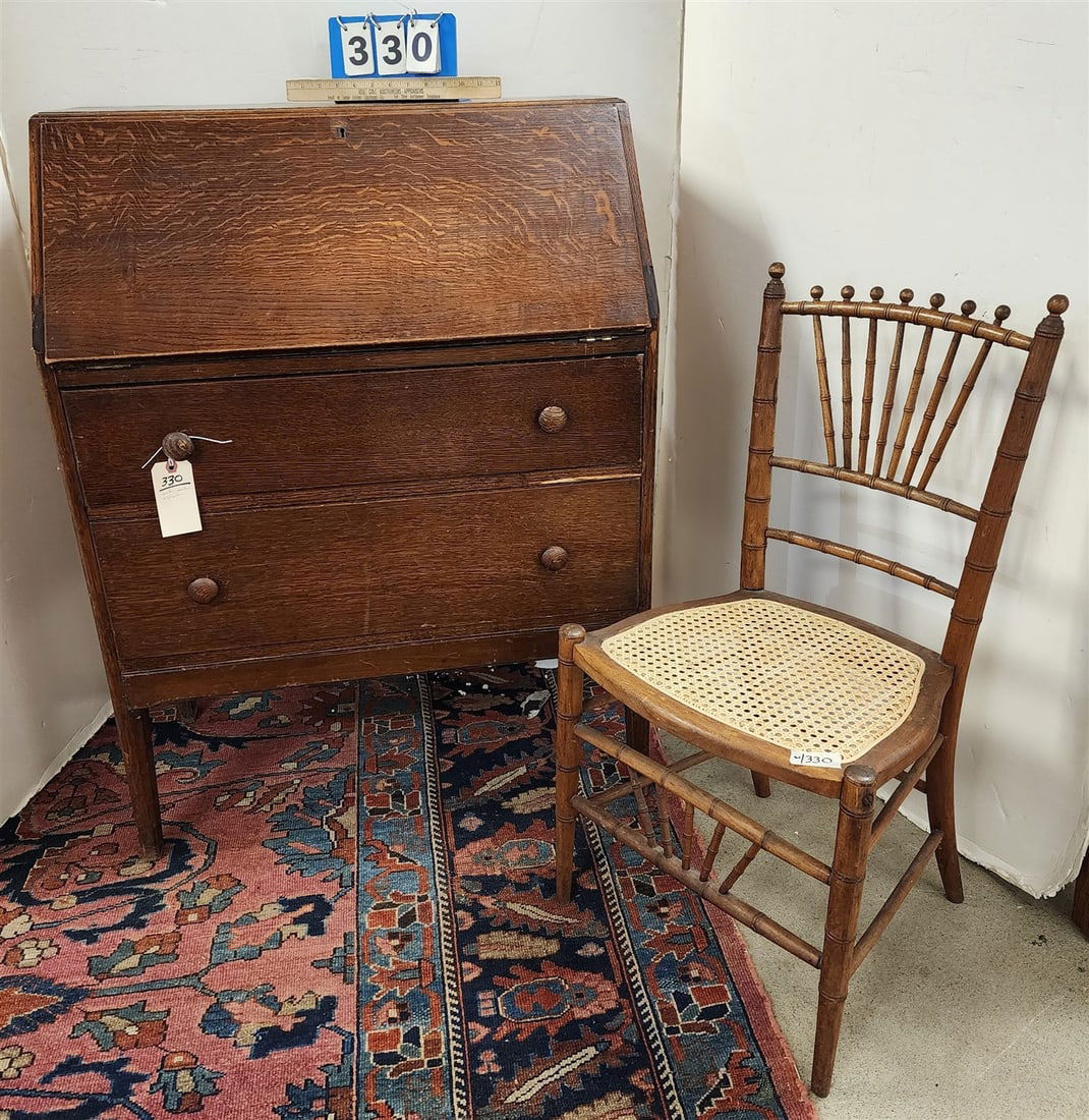 Oak Slant Front Desk 40' H X 30" W X 16 1/2" D w/Victorian Faux Bamboo Chair (1 of 3)