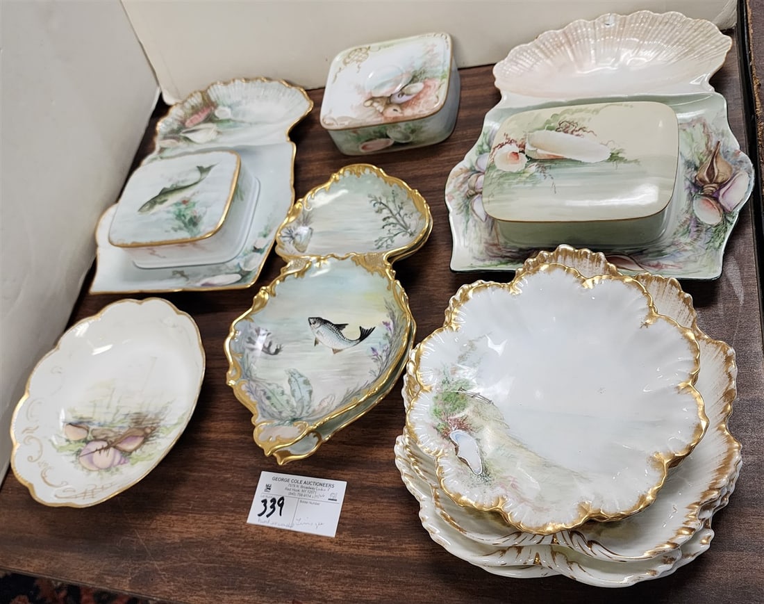 Lot 13 Pcs. Limoges Hand Enameled Fish Set - 2- Trays 10 3/4" X 9" (1 Tray Has Chip) w/Covered Bx's (1 of 7)
