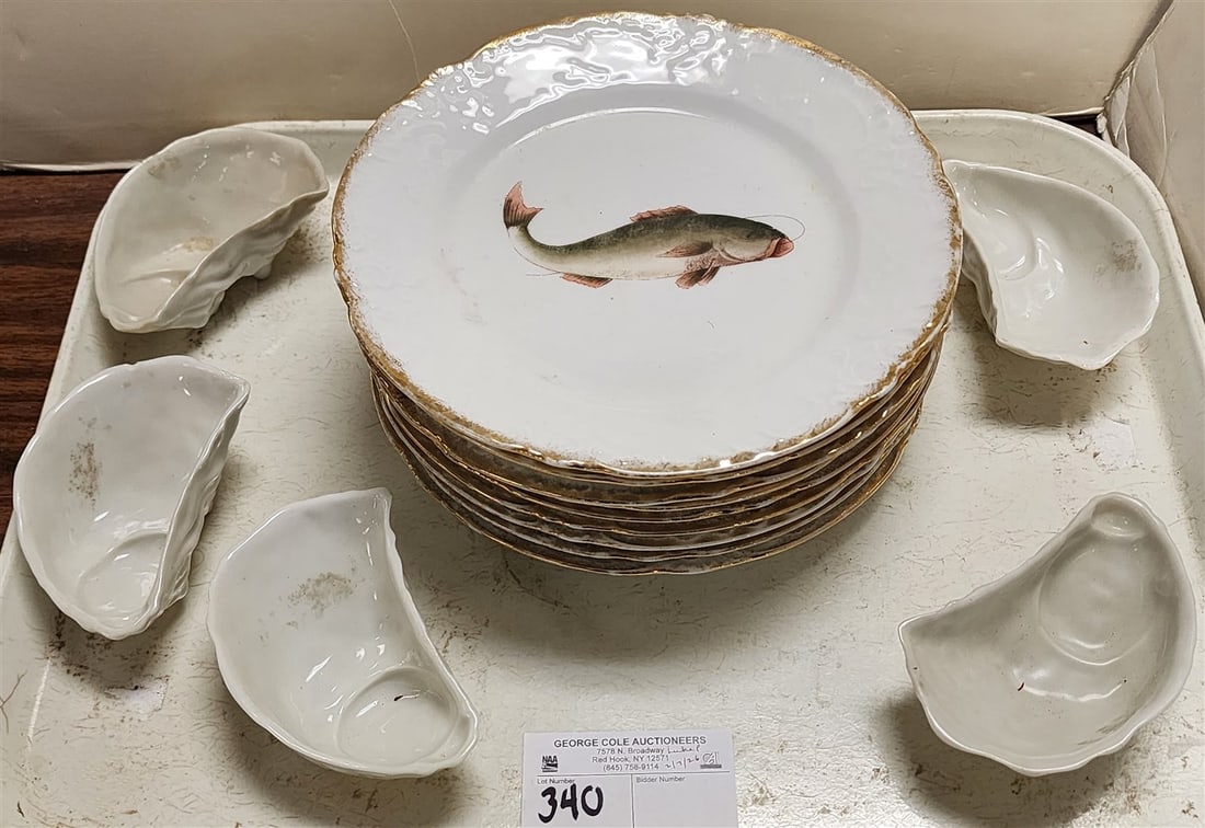 Tray 9 Fish Plates 9" Diam. + 5 Oyster Bowls 1 1/2" H X 4 1/2" L X 3" W (1 of 3)