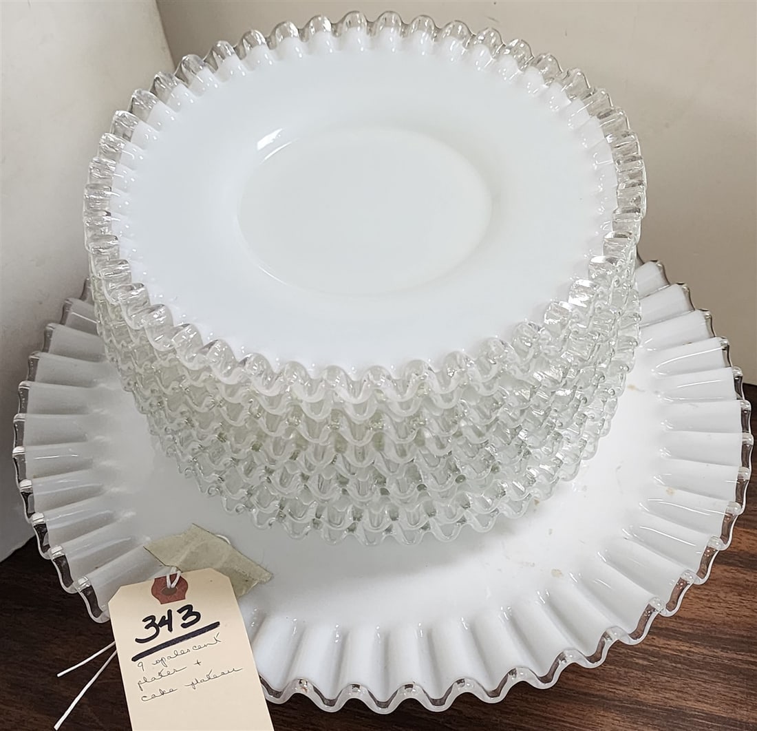 Lot 9 Opalescent Plates 8 3/4" Diam. + Milk Glass Cake Plateau 5" H X 13" Diam. (1 of 3)