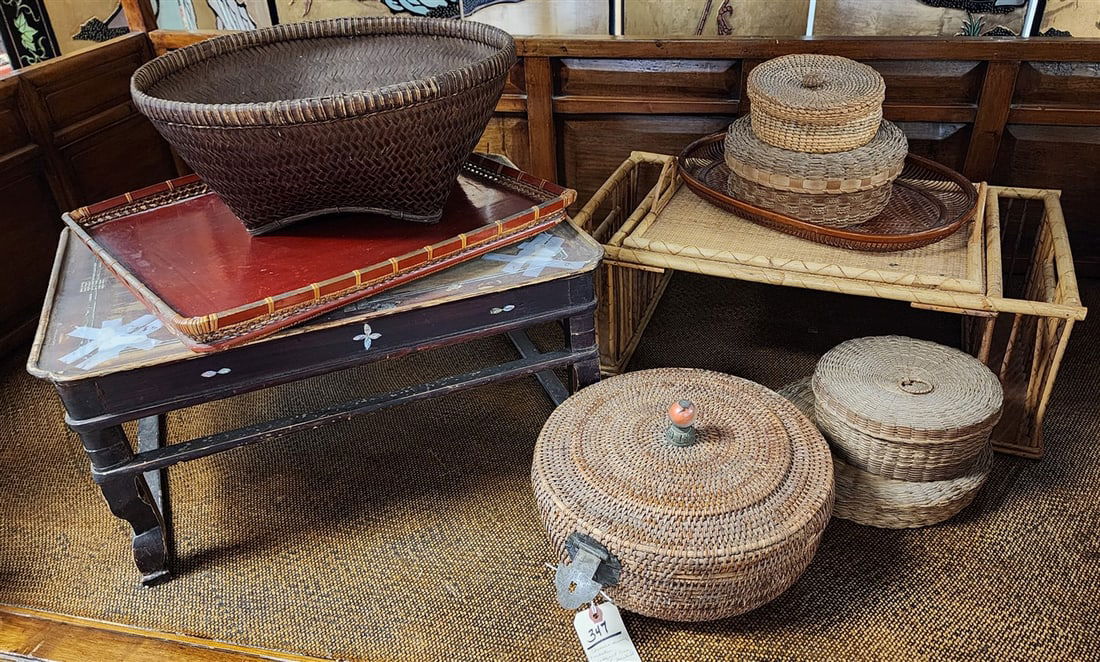 Lot Baskets & Trays - 5 Chinese Rattan & Reed Sewing Baskets, Harvest Basket, Tray + Bamboo (1 of 4)