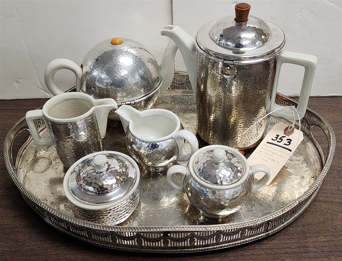 6 Pcs. Bauscher Weiden Bavaria Germany 6 Pc. Hammered Silverplate Over Porcelain Tea & Coffee Set On (1 of 7)