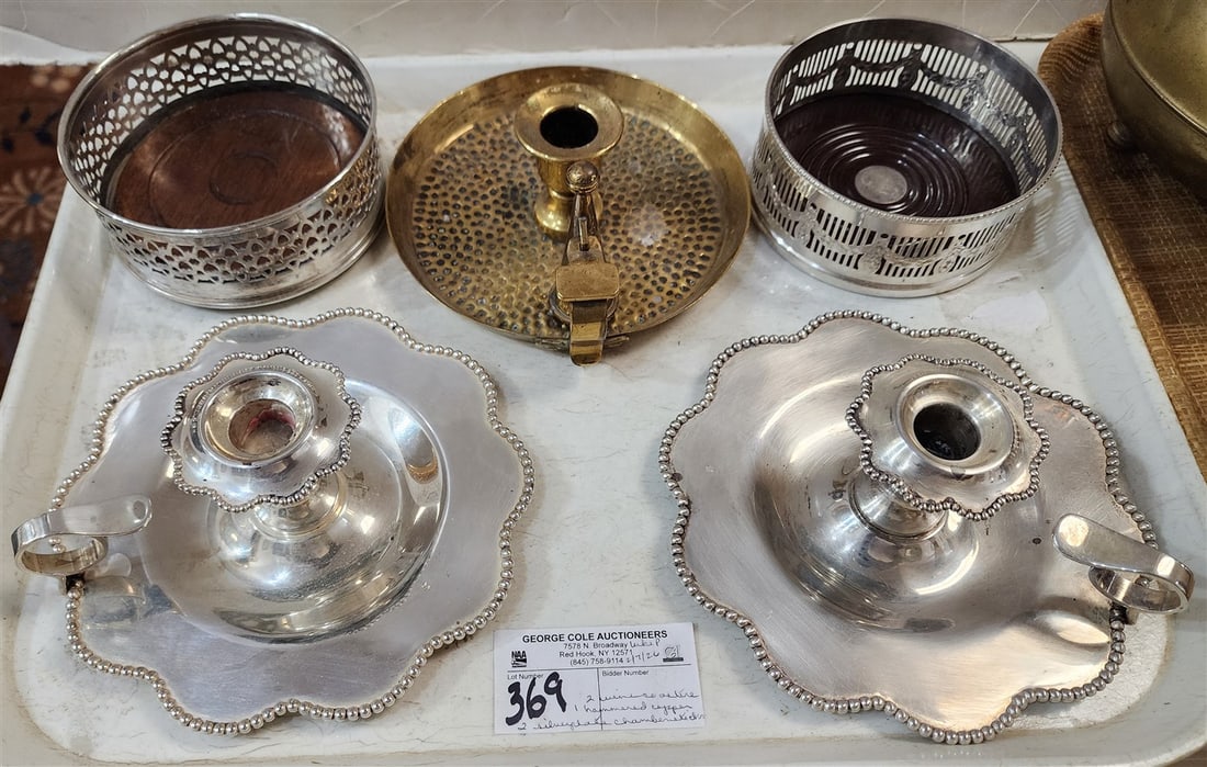 Tray 2 Silverplate Chambersticks, Hammered Brass Chamberstick + 2 Silverplate Wine Coasters: Tray 2 Silverplate Chambersticks, Hammered Brass Chamberstick + 2 Silverplate Wine Coasters
