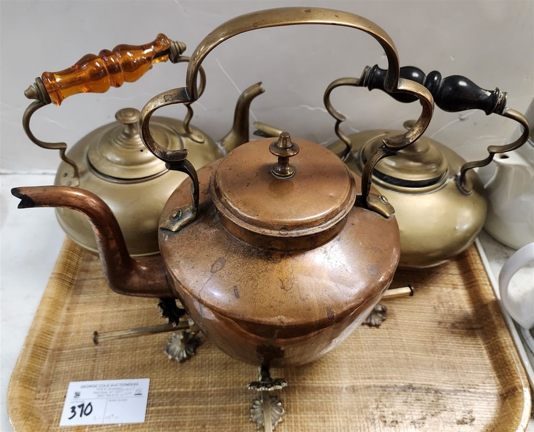Tray 3 19th C Tea Kettles - Copper & Brass 10" H, 2- Brass 9" + 8" (1 of 4)