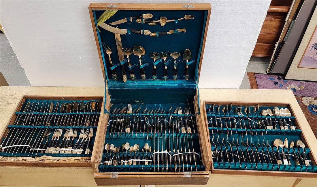 Bx'd 142 Pc. Thai Bronze & Horn Flatware Set (1 of 5)