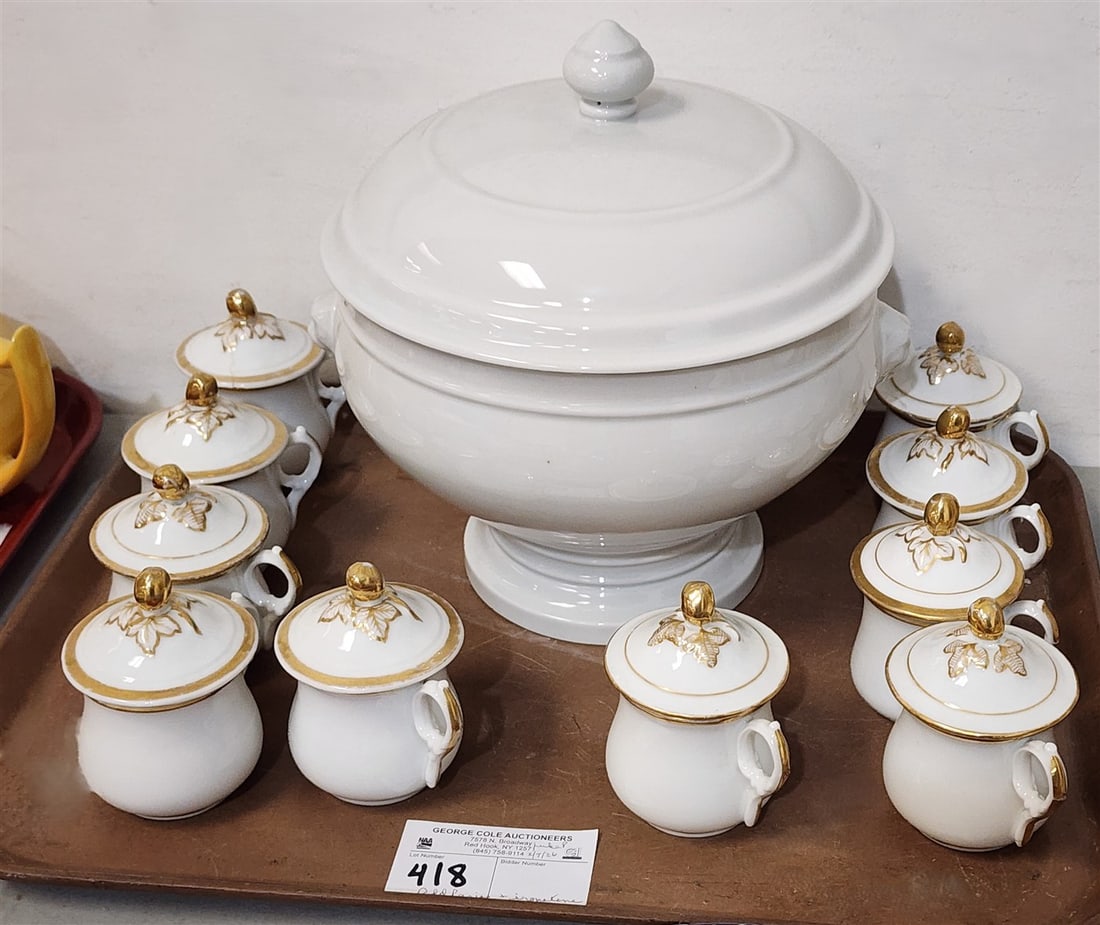 Tray 10 19th C Old Paris Pots De Creme 4" H X 2 3/4" Diam. + Ironstone Covered Tureen (1 of 2)