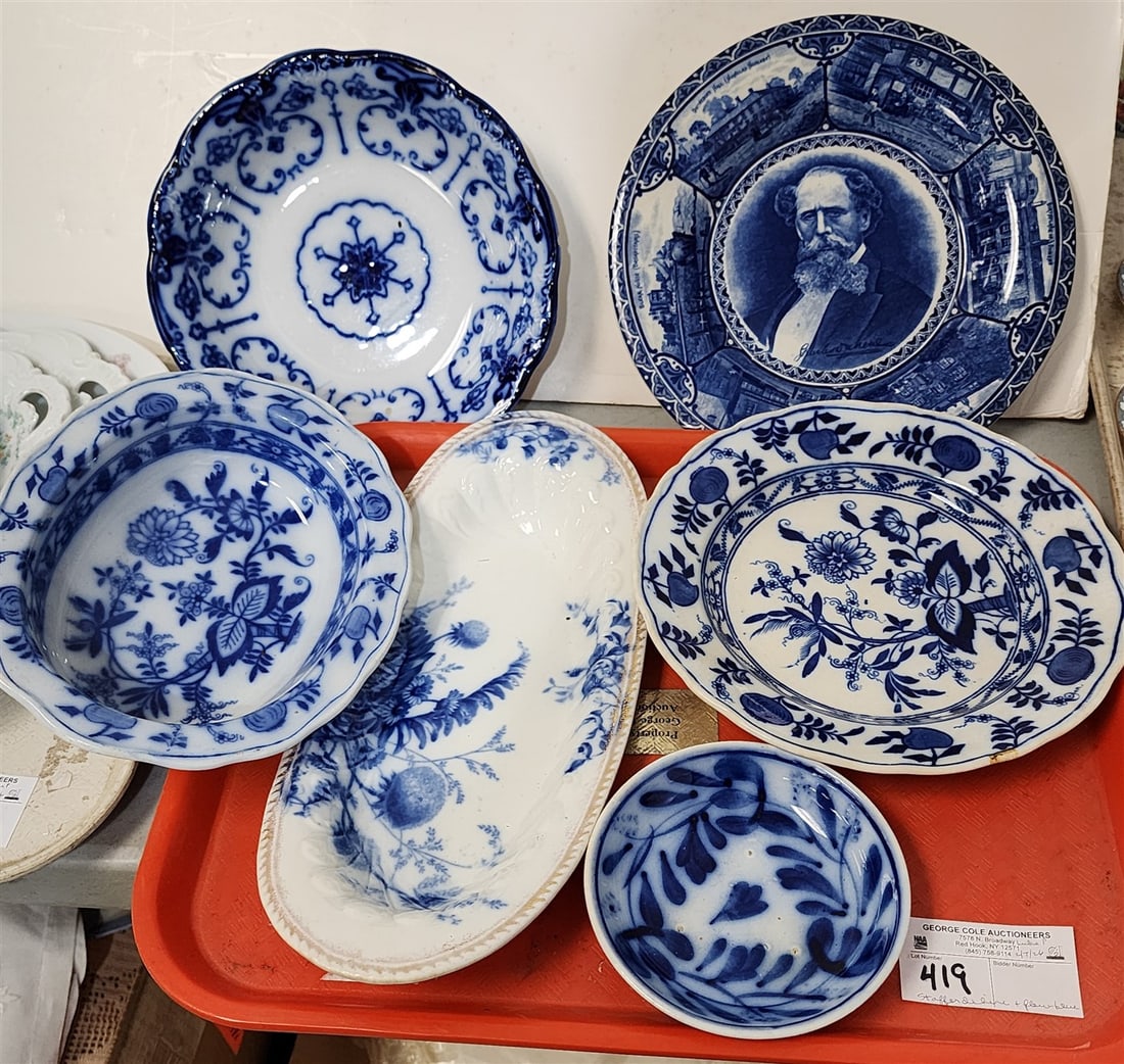 Tray 19th C Staffordshire Charles Dickens Souvenier Plate 10" Diam. + 5 Flow Blue Plates (1 of 11)