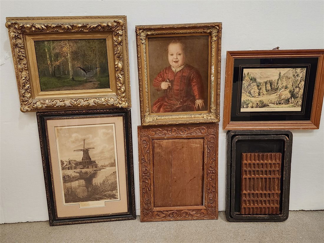 Bx 5 Framed Items - 19th C O/C Landscape Sgnd J. Withson, Engraving, Print, Carrier & Ives Print. (1 of 7)