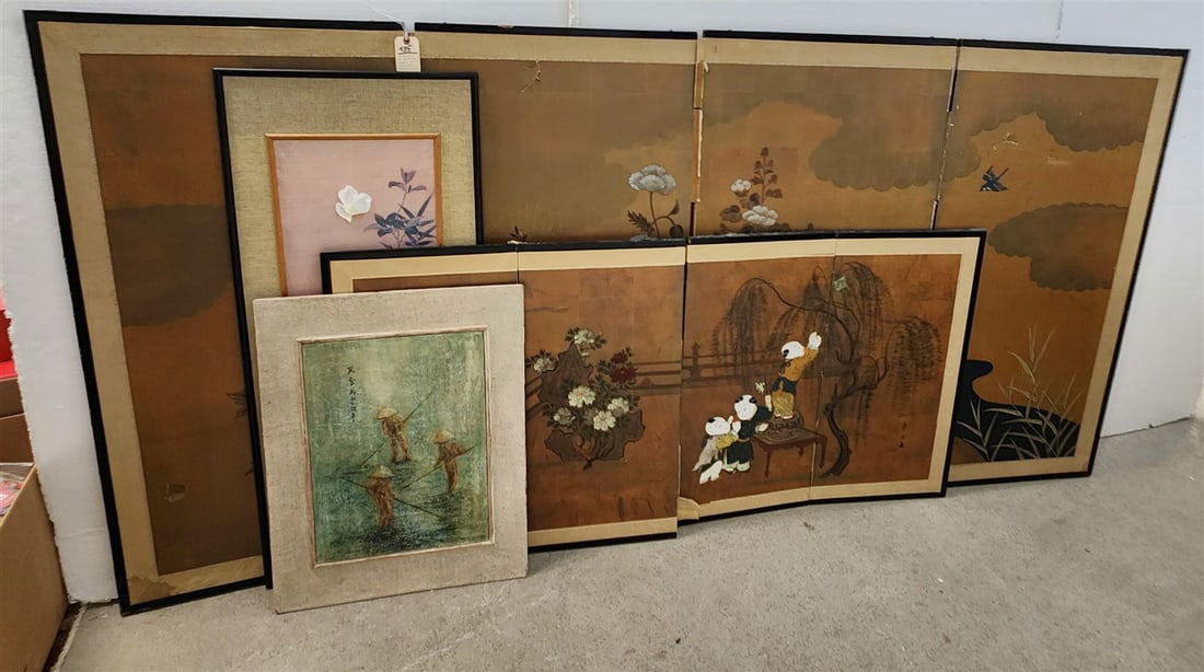 Lot 2 Chinese Watercolor Fold Screens 48" H X 24" Ea. Section + 30" H X 15 1/2" W Ea. Section + (1 of 7)