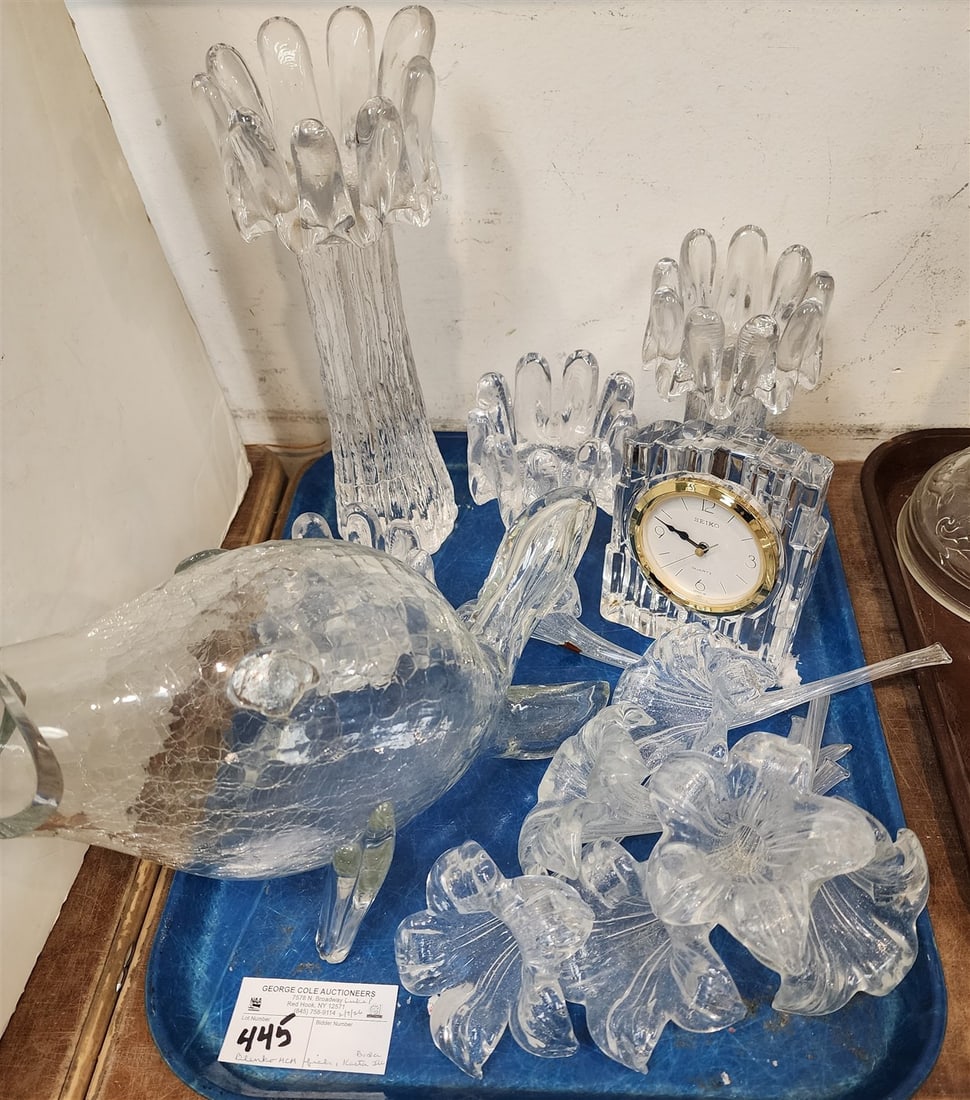 Tray Blenko Mid Century Crackle Art Glass Fish 7 1/2" H X 12" L X 4 1/2" W, 4 Kosta Boda Sunflower: Tray Blenko Mid Century Crackle Art Glass Fish 7 1/2" H X 12" L X 4 1/2" W, 4 Kosta Boda Sunflower Ice Glass Candle Holders 3 1/2" to 11 1/2", Hand Blown Lily 7", Etc.