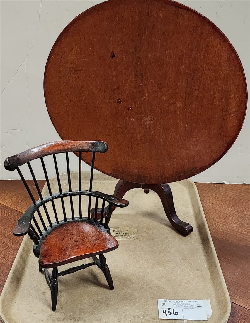 Tray Mini Tilt Top Table 10 1/2" H X 13 3/4" Diam. + Mini Windsor Arm Chair 9" H X 7" W (1 of 2)