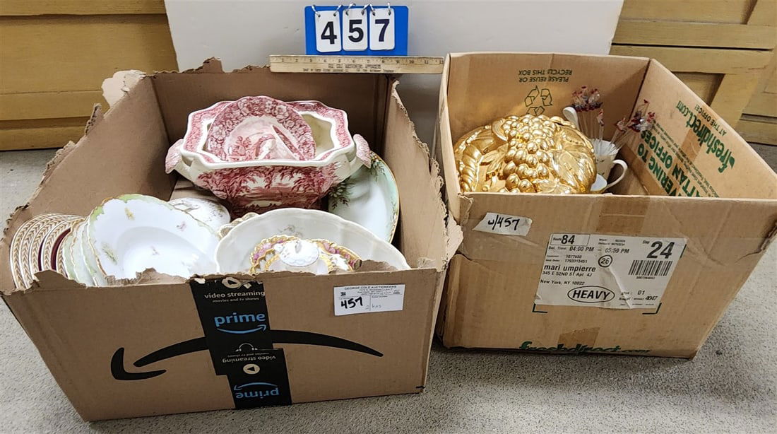 2 Bx's China - Bavaria + English Plates, Ironstone Tureen, Gilt Ceramic Lava Bowl, Etc.: 2 Bx's China - Bavaria + English Plates, Ironstone Tureen, Gilt Ceramic Lava Bowl, Etc.