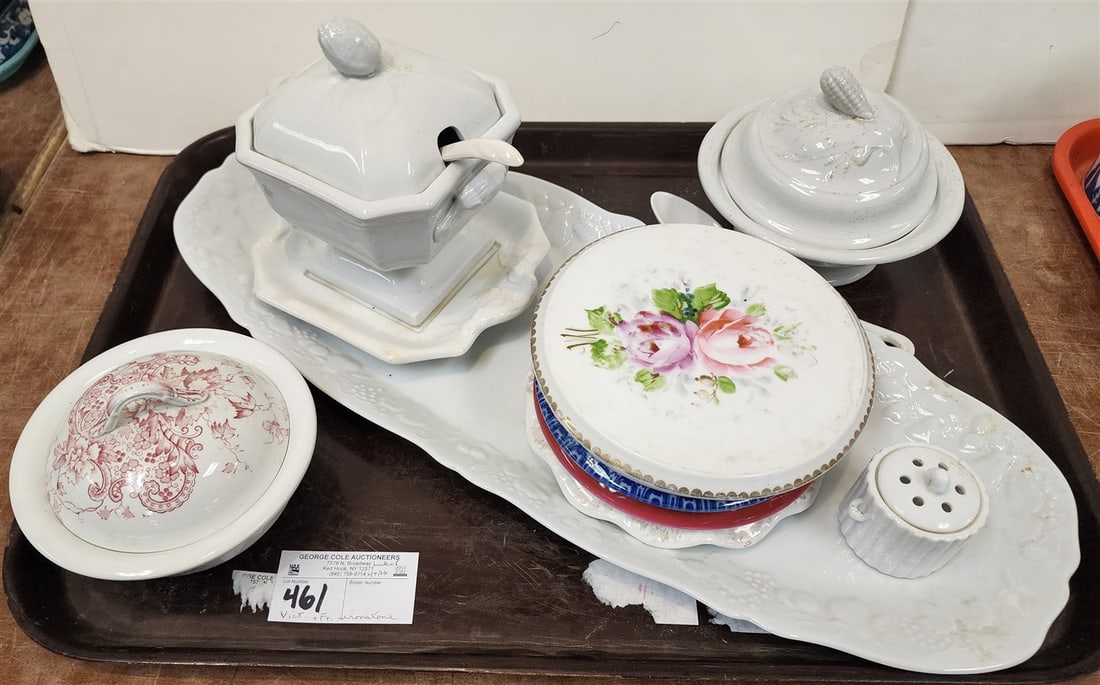 Tray 19th & 20th C Ironstone - 19th & 20th C Victorian Covered Butters, Covered Gravy w/Liner,: Tray 19th & 20th C Ironstone - 19th & 20th C Victorian Covered Butters, Covered Gravy w/Liner, Hotplates, French Platter 1 1/2" H X 22" W X 8 3/4" D