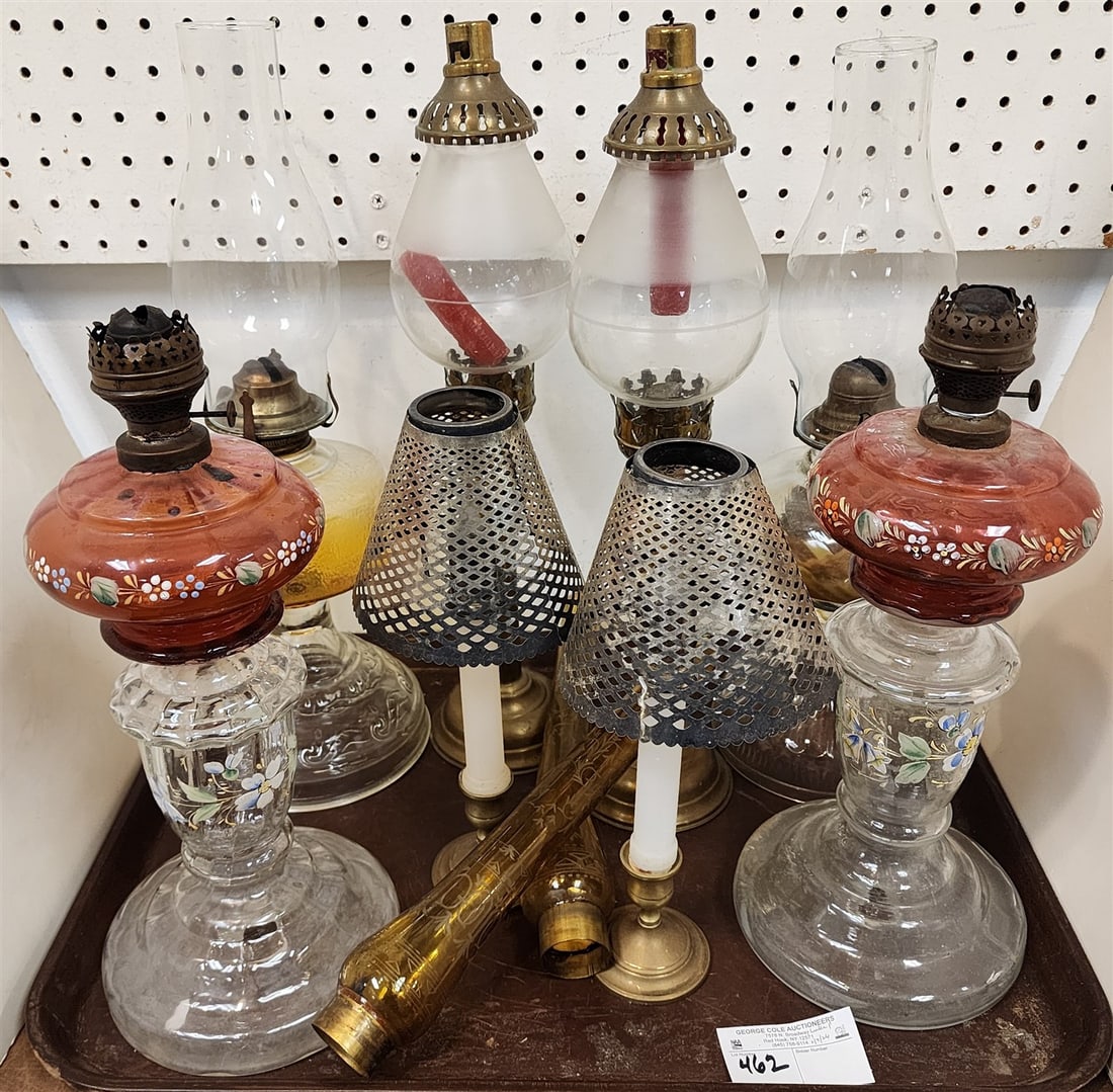 Tray 4 19th C Oil Lamps Incl. Pr. Enameled Cranberry Font (1 Has Break) 15" H, 4- Brass Candlesticks (1 of 3)