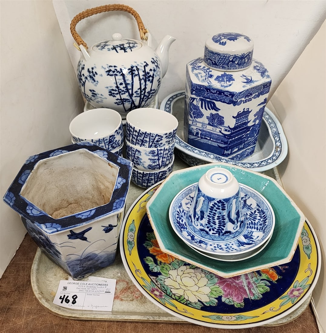 Tray Chinese Items - Tea Pot w/6 Cups, Covered Ginger Jar, Famille Rose Octagonal Bowl 2 1/2" H X 7" (1 of 5)