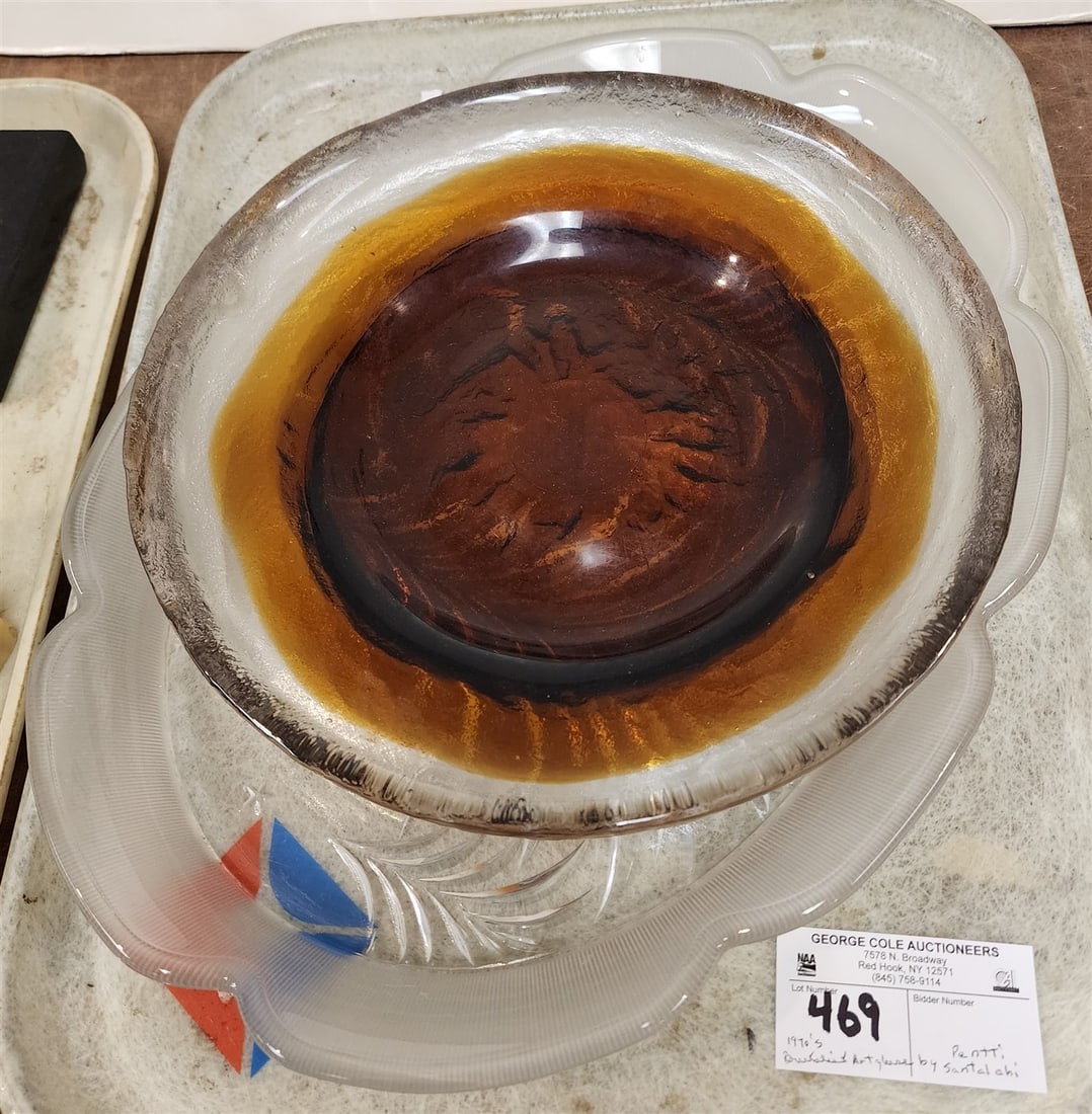 Tray Pressed Glass Platter 1 1/2" H X 15 1/2" W X 12" D + Brutalist Art Glass Bowl By Pentti: Tray Pressed Glass Platter 1 1/2" H X 15 1/2" W X 12" D + Brutalist Art Glass Bowl By Pentti Santalahti For Humppila Finland 1970's