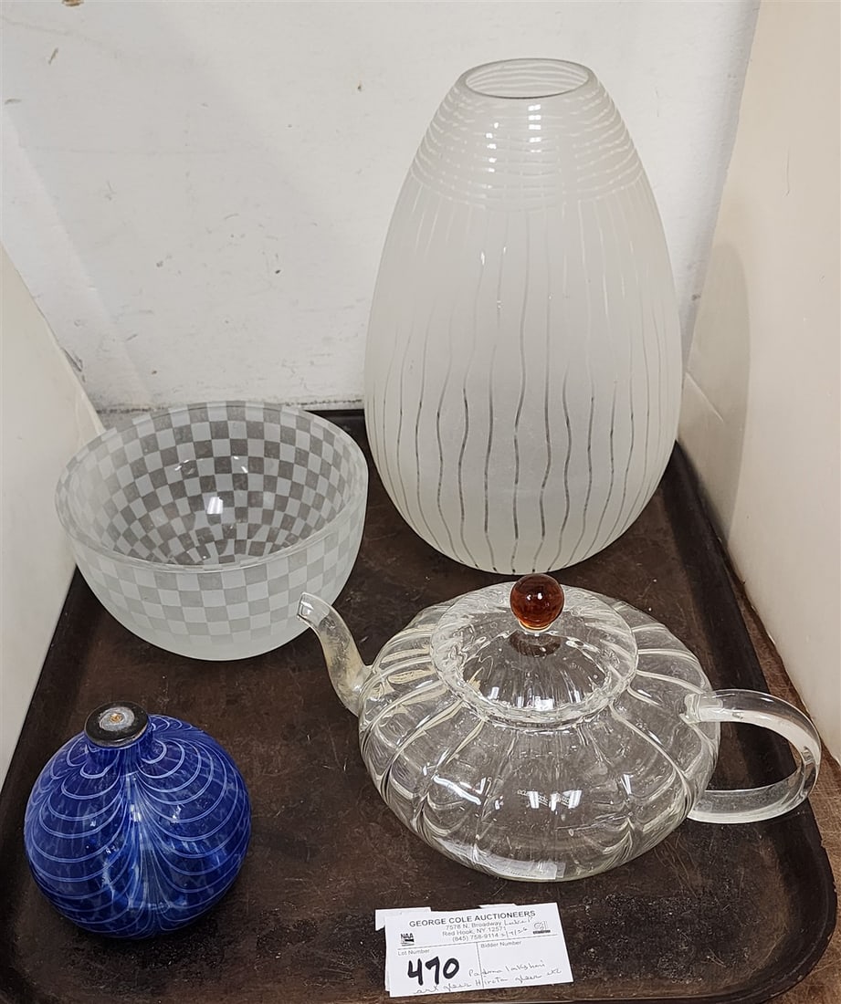 Tray Art Glass - Bowl By Hirota Glass Taisho 3 1/2" H X 6" Diam., Hand Blown Vase Sgnd 10 1/4", Tea: Tray Art Glass - Bowl By Hirota Glass Taisho 3 1/2" H X 6" Diam., Hand Blown Vase Sgnd 10 1/4", Tea Pot By Padma Lakshmi + Oil Lamp