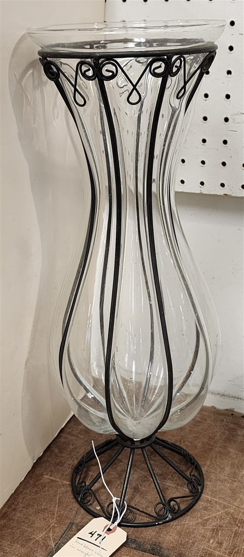 Hand Blown Glass Vase w/Wrought Iron Cage 20 1/2": Hand Blown Glass Vase w/Wrought Iron Cage 20 1/2"